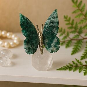 RockHound103: Tree Agate Butterfly on Quartz Base Hand-Carved Gemstone Sculpture